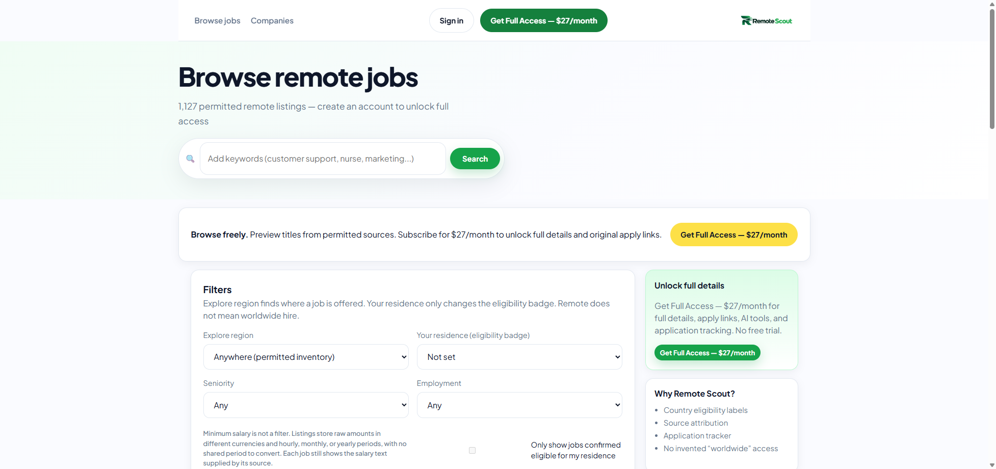 Remote Scout browse page showing remote job listings with company names, titles, and eligibility labels.